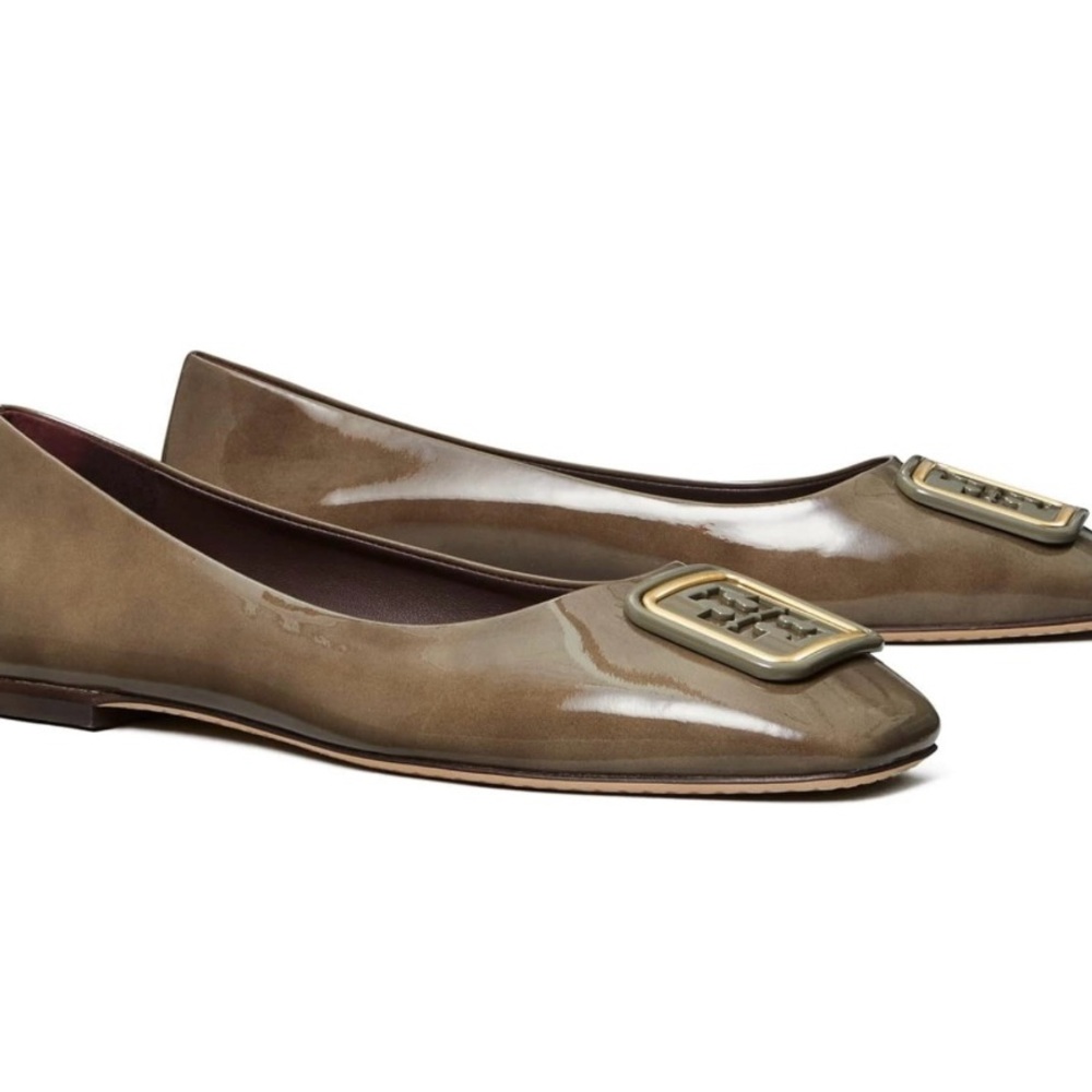 Tory Burch Georgia Taupe Patent Leather Flats with Gold Accent
